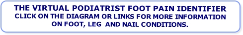 THE VIRTUAL PODIATRIST FOOT PAIN IDENTIFIER
CLICK ON THE DIAGRAM OR LINKS FOR MORE INFORMATION
ON FOOT, LEG  AND NAIL CONDITIONS.
